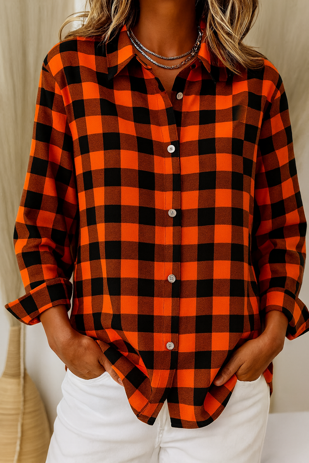 Chemise femme à carreaux col revers | Élégante & confortable - Rouge