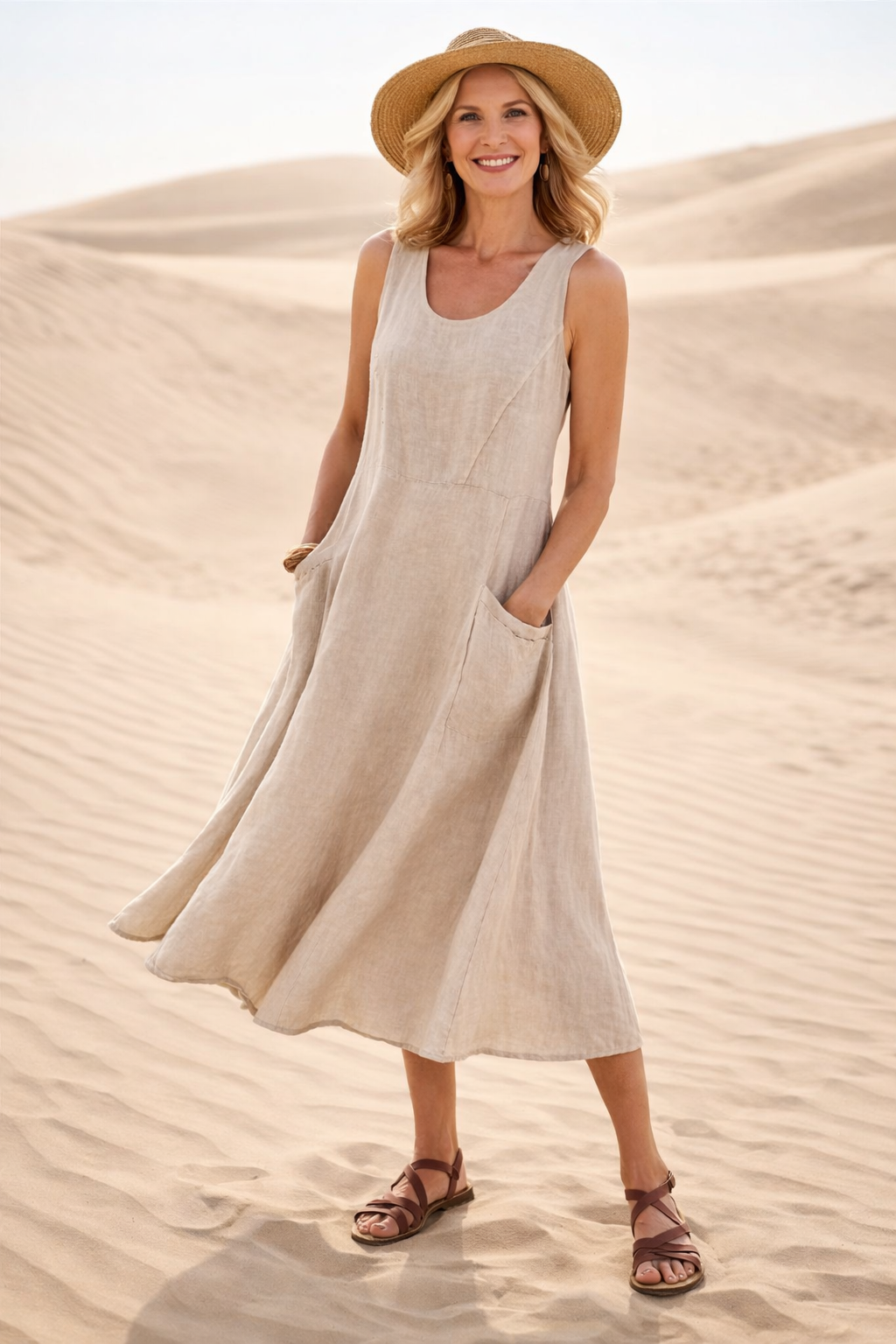 Ärmelloses A-Linien Midi-Kleid für Damen | Bequemes Freizeitkleid mit praktischen Taschen und lockerem Schnitt für den Alltag