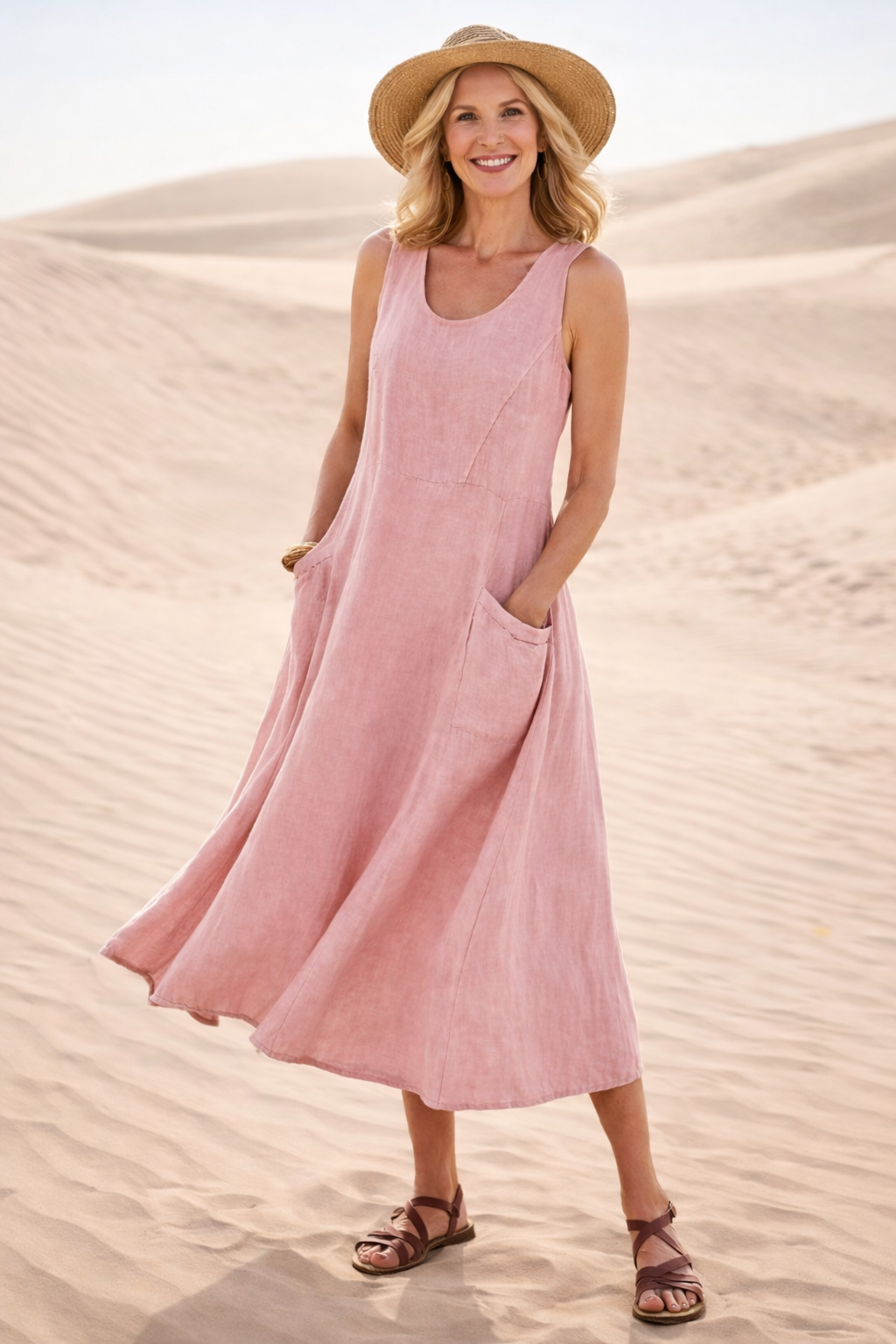 Ärmelloses A-Linien Midi-Kleid für Damen | Bequemes Freizeitkleid mit praktischen Taschen und lockerem Schnitt für den Alltag