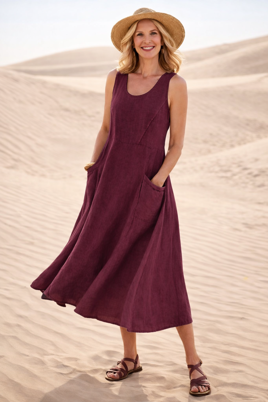 Ärmelloses A-Linien Midi-Kleid für Damen | Bequemes Freizeitkleid mit praktischen Taschen und lockerem Schnitt für den Alltag