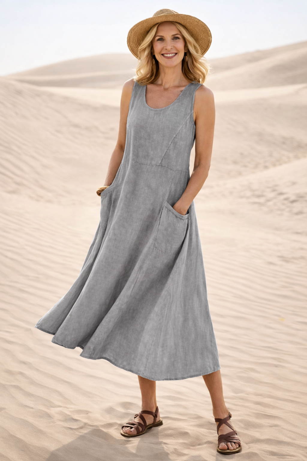 Ärmelloses A-Linien Midi-Kleid für Damen | Bequemes Freizeitkleid mit praktischen Taschen und lockerem Schnitt für den Alltag