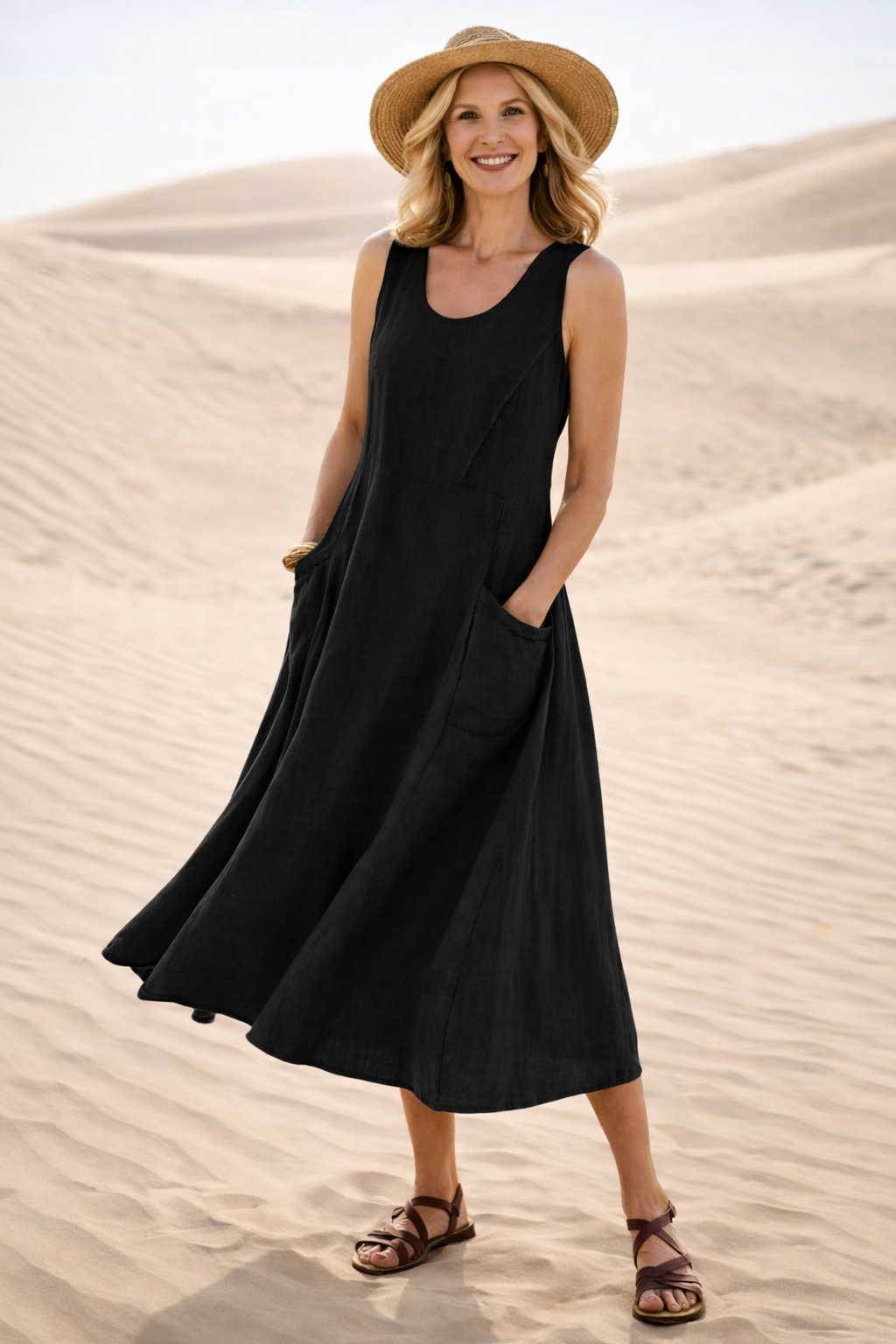 Ärmelloses A-Linien Midi-Kleid für Damen | Bequemes Freizeitkleid mit praktischen Taschen und lockerem Schnitt für den Alltag