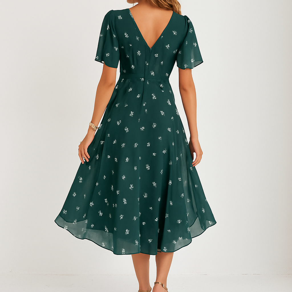 Women's Summer Dress with Floral Pattern | Airy Midi Dress with V-Neck, Butterfly Sleeves, and Wrap Look