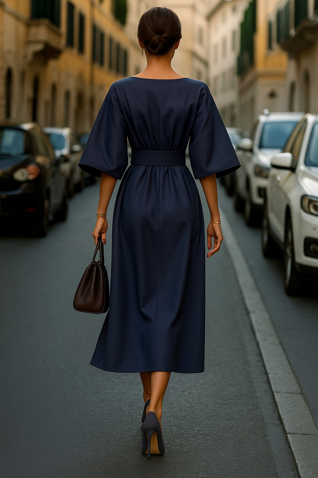 Elegant midi dress with balloon sleeves and waist tie | Stylish women's dress with boat neckline and zipper