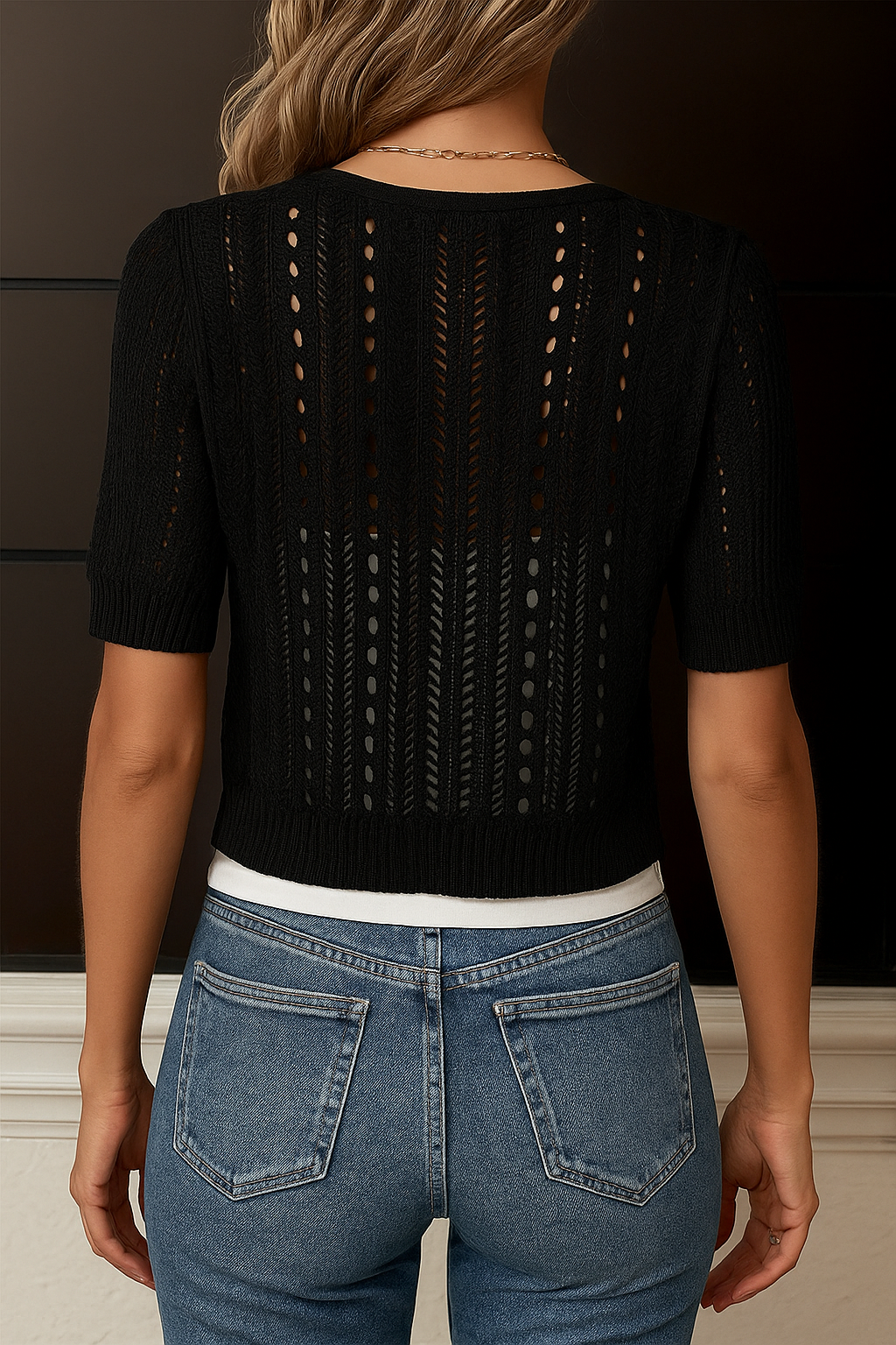 Kurze Damen Strickjacke mit Ajourmuster | Leichter Kurzarm Cardigan mit Knöpfen | Sommerliche Strickjacke in Häkel-Optik