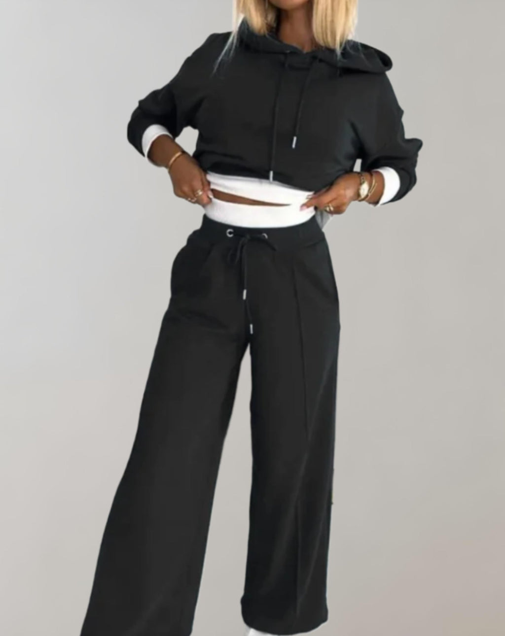 Women's Lounge Set Two-Piece with Cropped Hoodie and Wide Pants | Comfortable Homewear with High Waist Cut for Leisure
