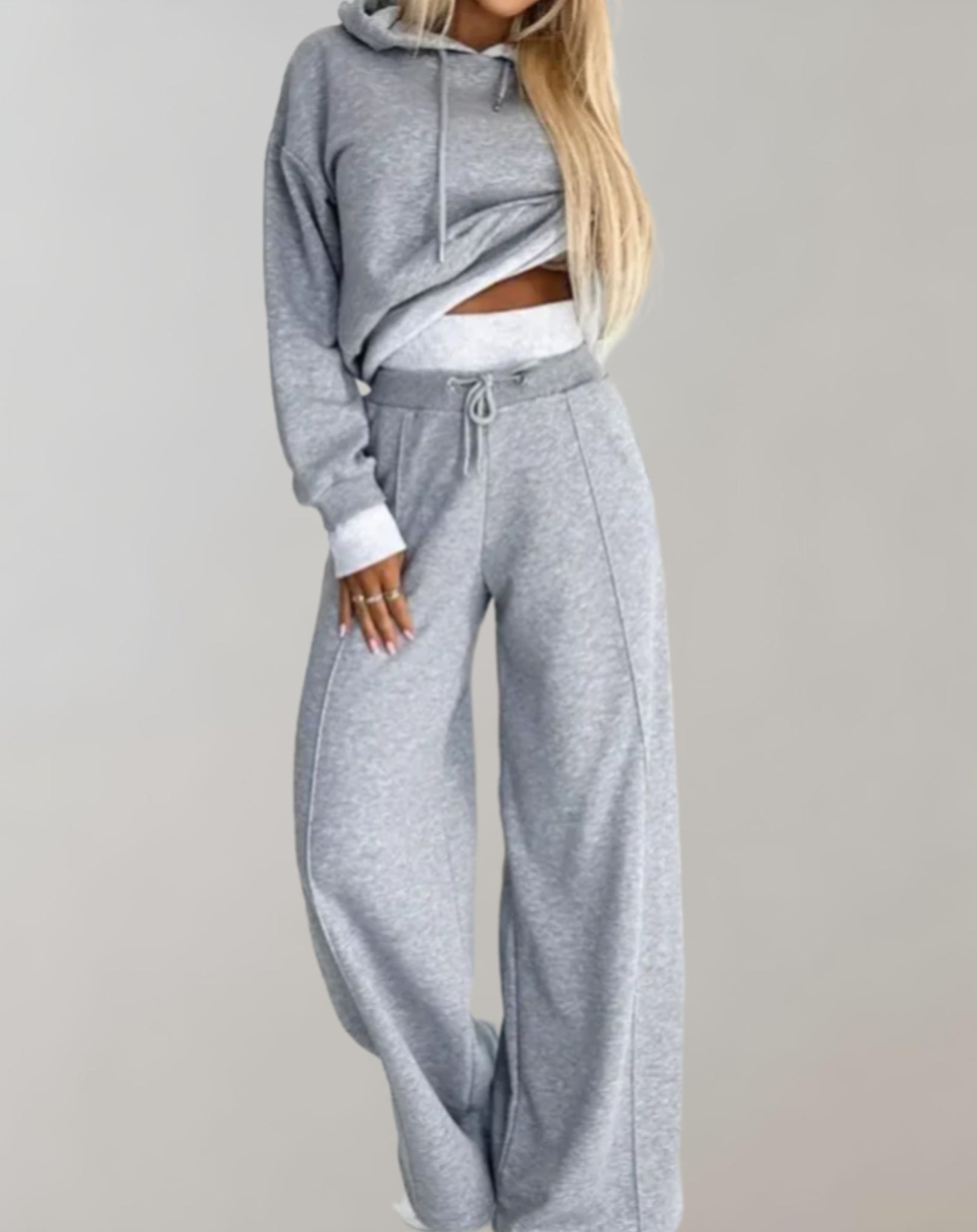 Women's Lounge Set Two-Piece with Cropped Hoodie and Wide Pants | Comfortable Homewear with High Waist Cut for Leisure