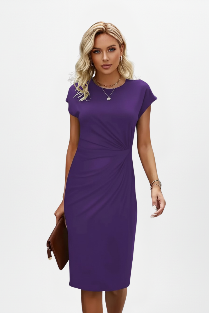 Women's Knee-Length Dress with Round Neckline and Side Ruching | Fitted Sheath Dress with Short Sleeves for Every Occasion