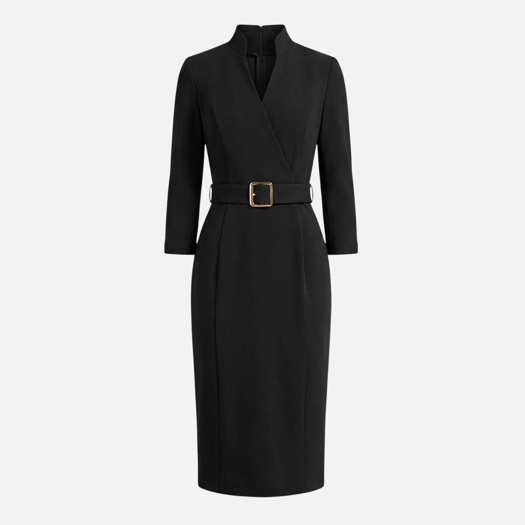 Midi-Kleid mit Wickelausschnitt und Gürtel mit quadratischer Schnalle
