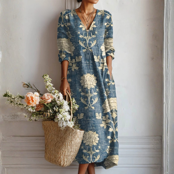 Damen Leinenkleid mit Taschen | Leichtes Sommerkleid im Vintage-Stil | Luftiges Freizeitkleid mit abstraktem Print