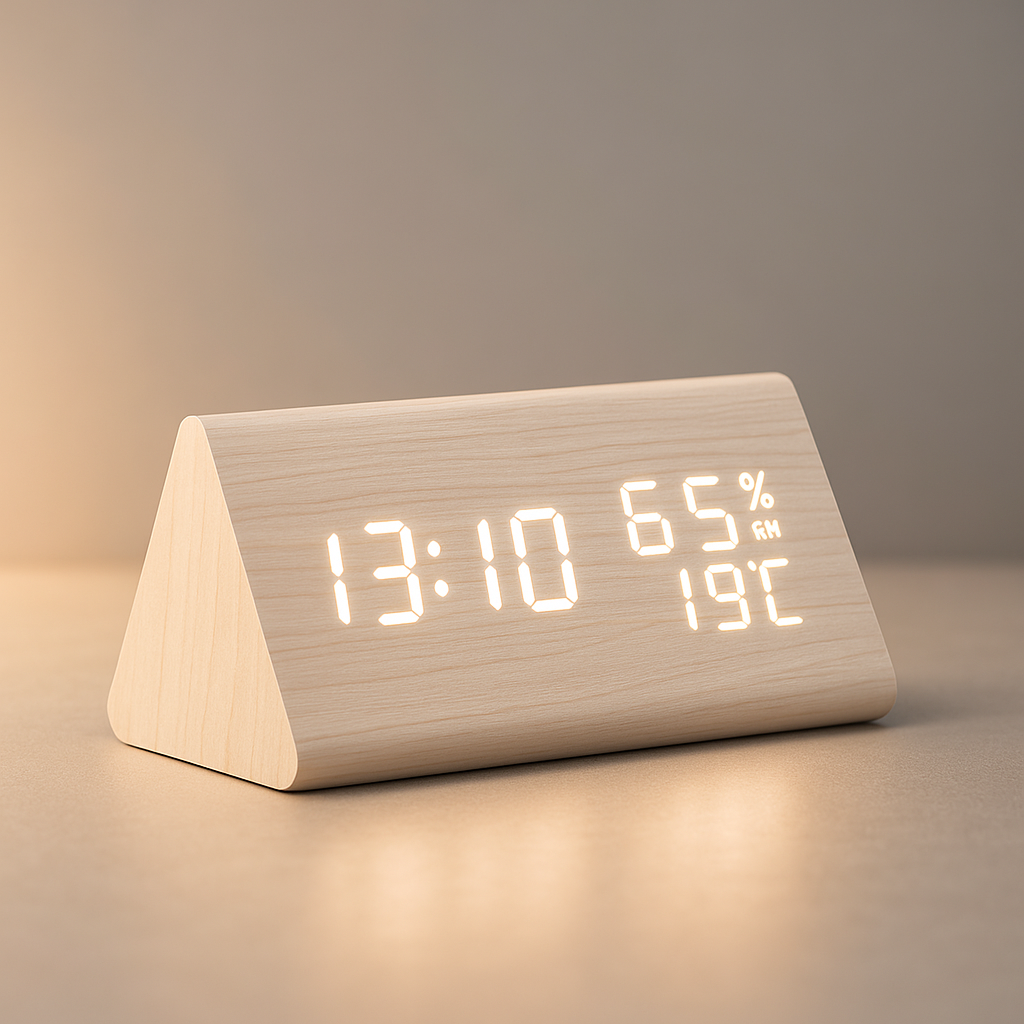 Modern digital wooden LED alarm clock with temperature display