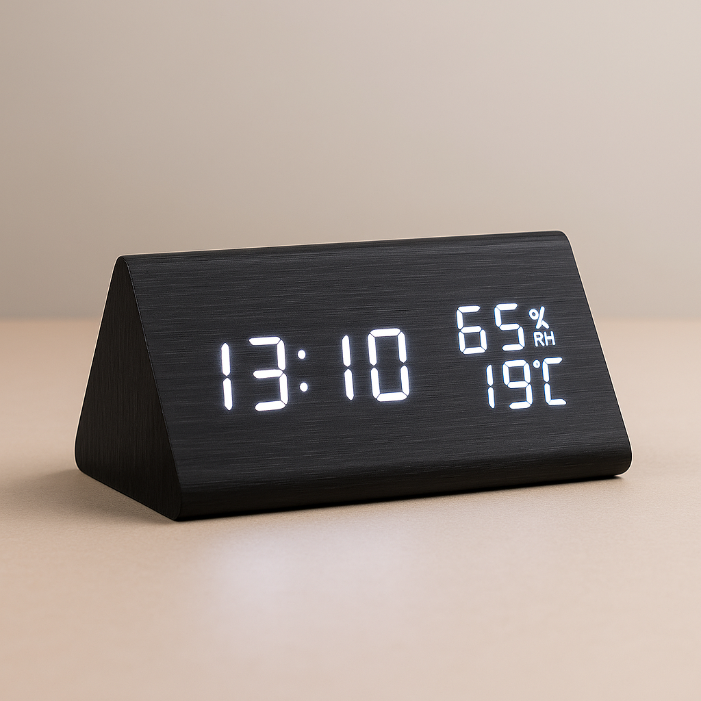 Moderner digitaler LED-Wecker aus Holz mit Temperaturanzeige
