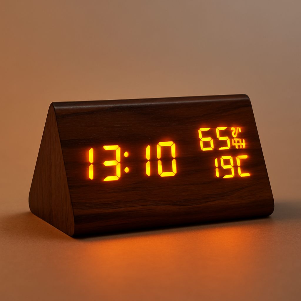 Modern digital wooden LED alarm clock with temperature display