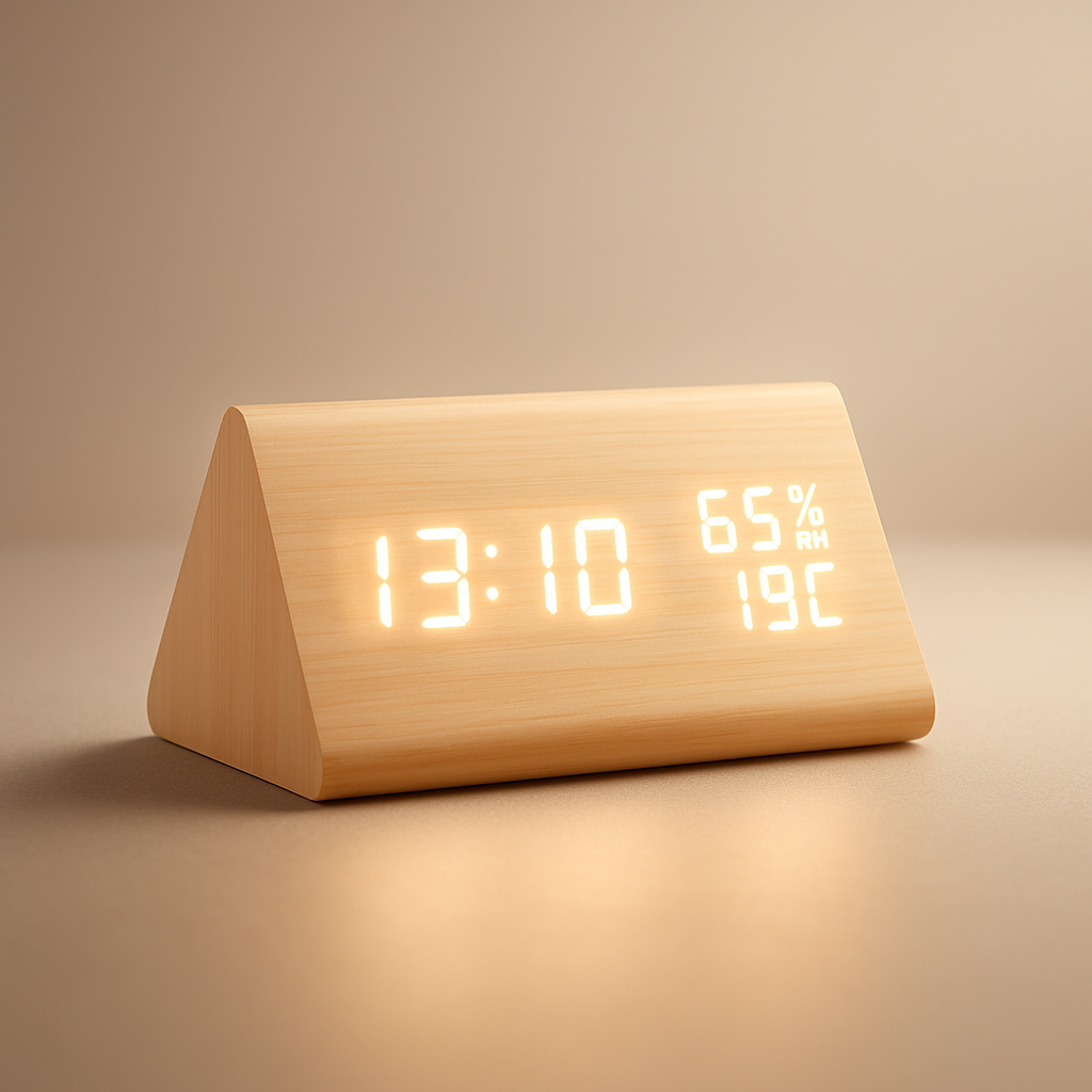 Modern digital wooden LED alarm clock with temperature display