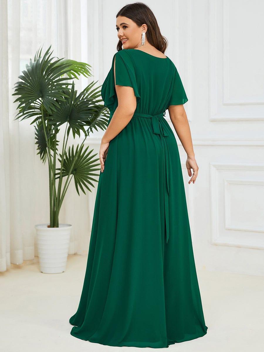 V-Neck Flutter Sleeve Floor-Length A-Line Chiffon Evening Dress #color_Dark Green