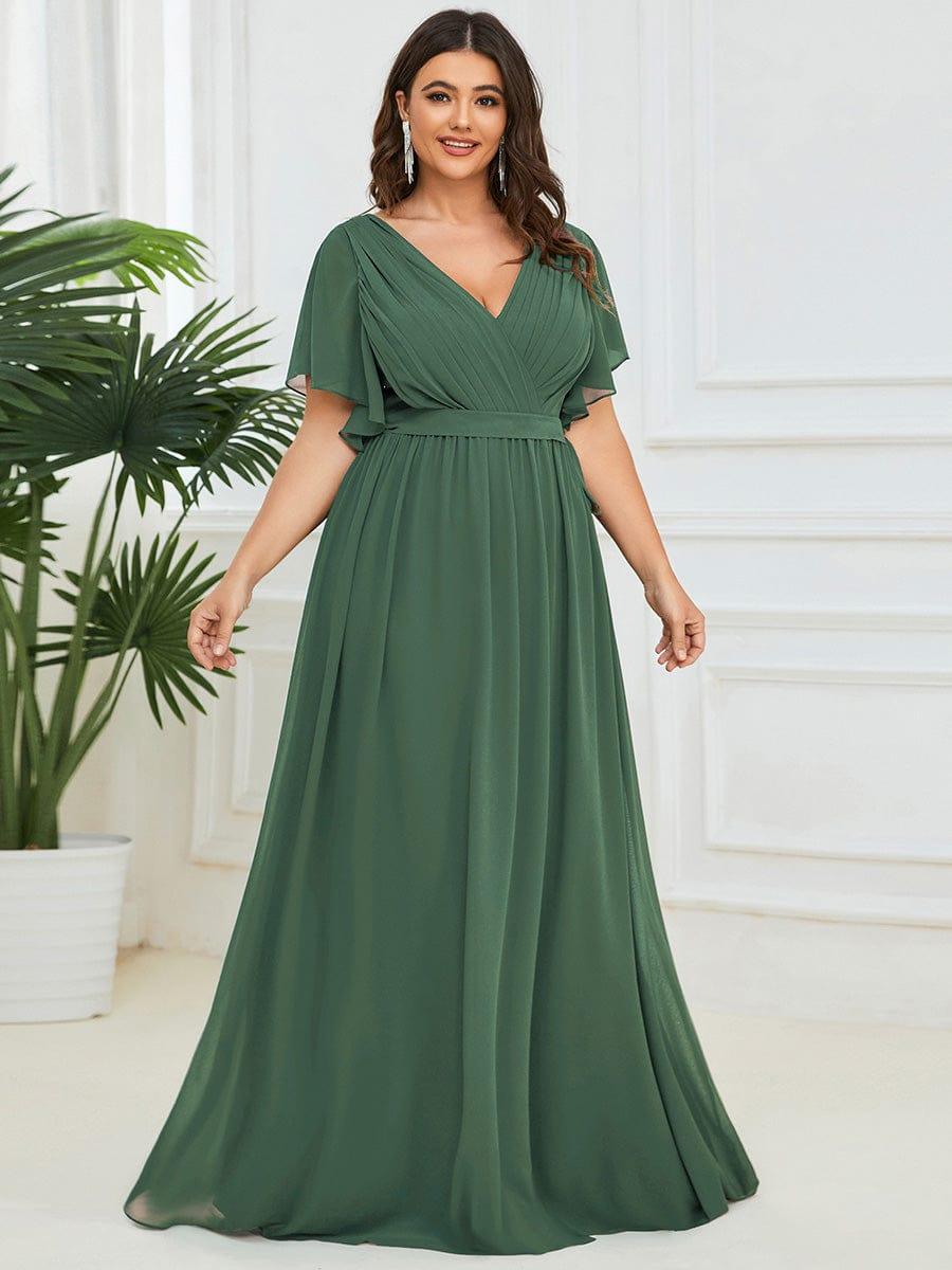 V-Neck Flutter Sleeve Floor-Length A-Line Chiffon Evening Dress #color_Eucalyptus Green