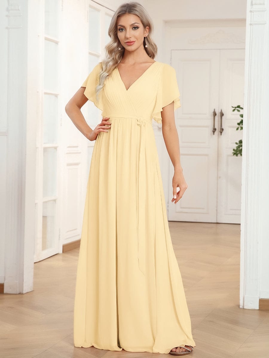 V-Neck Flutter Sleeve Floor-Length A-Line Chiffon Evening Dress #color_Yellow