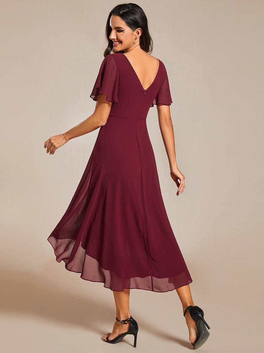 Chic V Neck High-Low Wedding Guest Dress #color_Burgundy