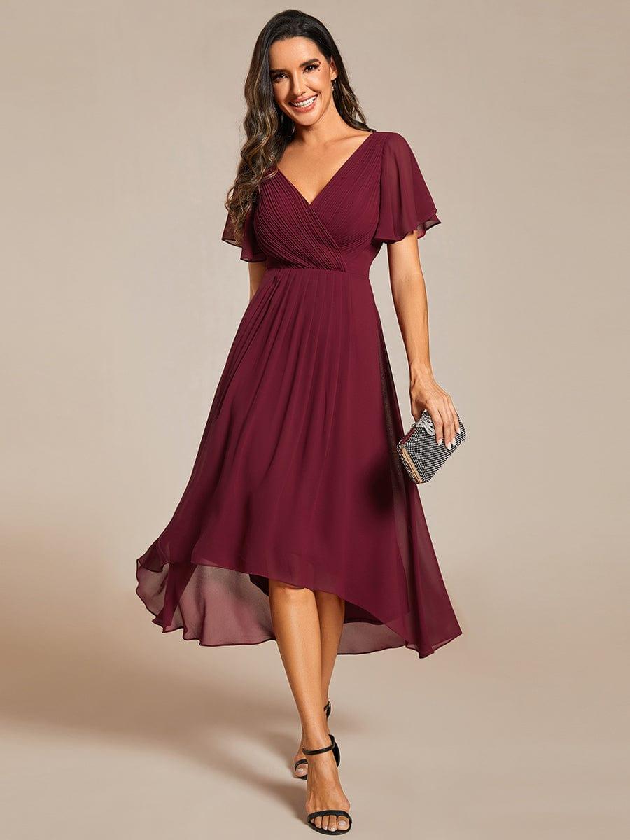 Chic V Neck High-Low Wedding Guest Dress #color_Burgundy