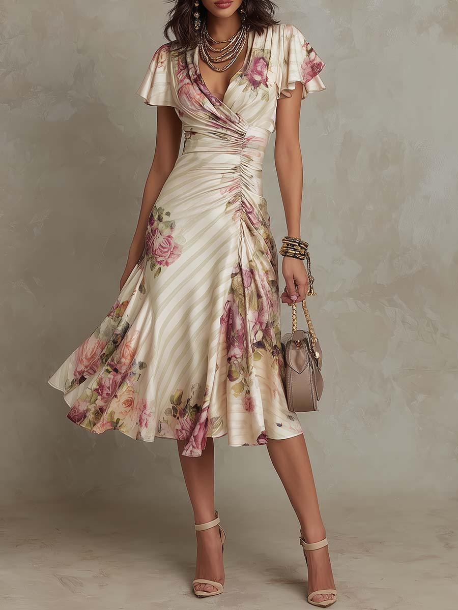 Midi dress with floral pattern for wedding guests | Wrap style with V-neckline and light flutter sleeves | A-line cut