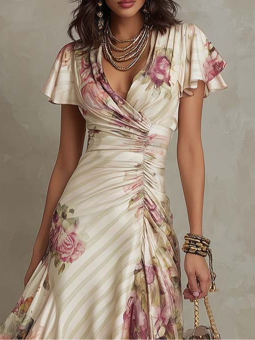 Midi dress with floral pattern for wedding guests | Wrap style with V-neckline and light flutter sleeves | A-line cut