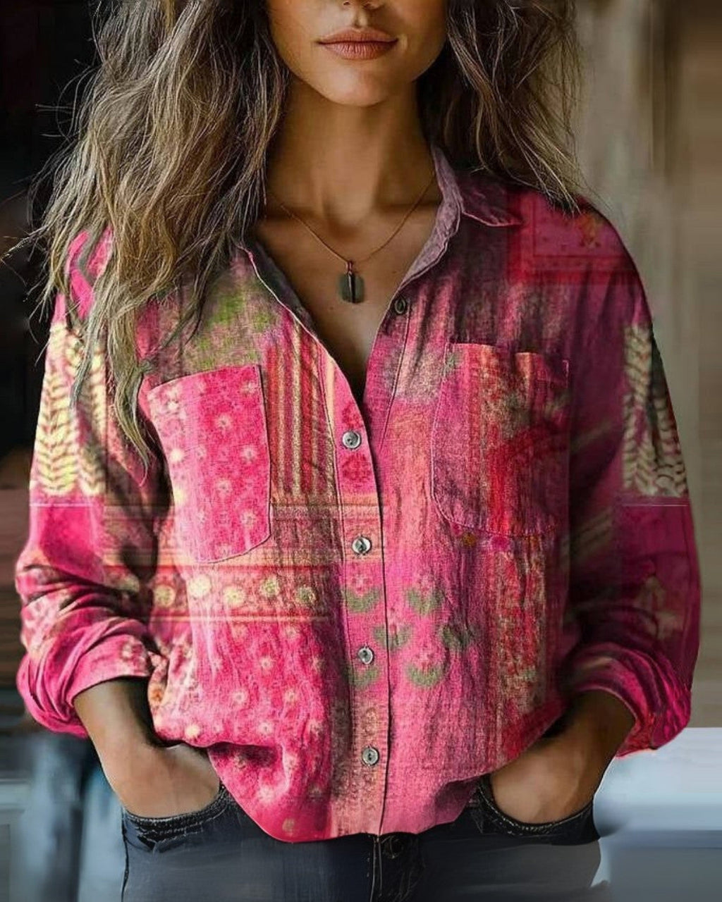 Vintage women's blouse with long sleeves | Loose fit & colorful pattern | Classic shirt blouse for everyday and leisure | Boho chic