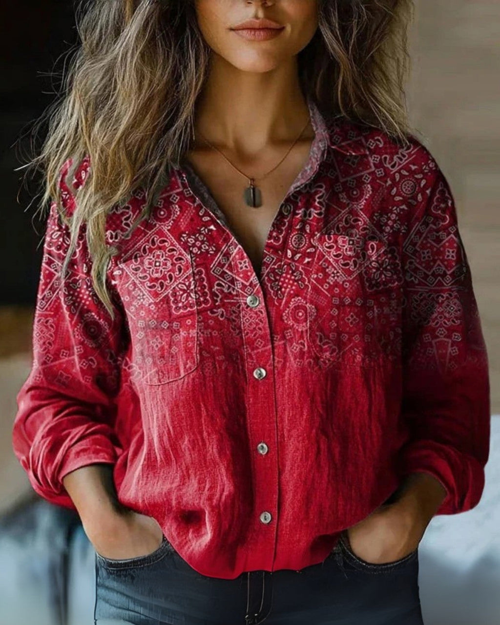 Vintage women's blouse with long sleeves | Loose fit & colorful pattern | Classic shirt blouse for everyday and leisure | Boho chic