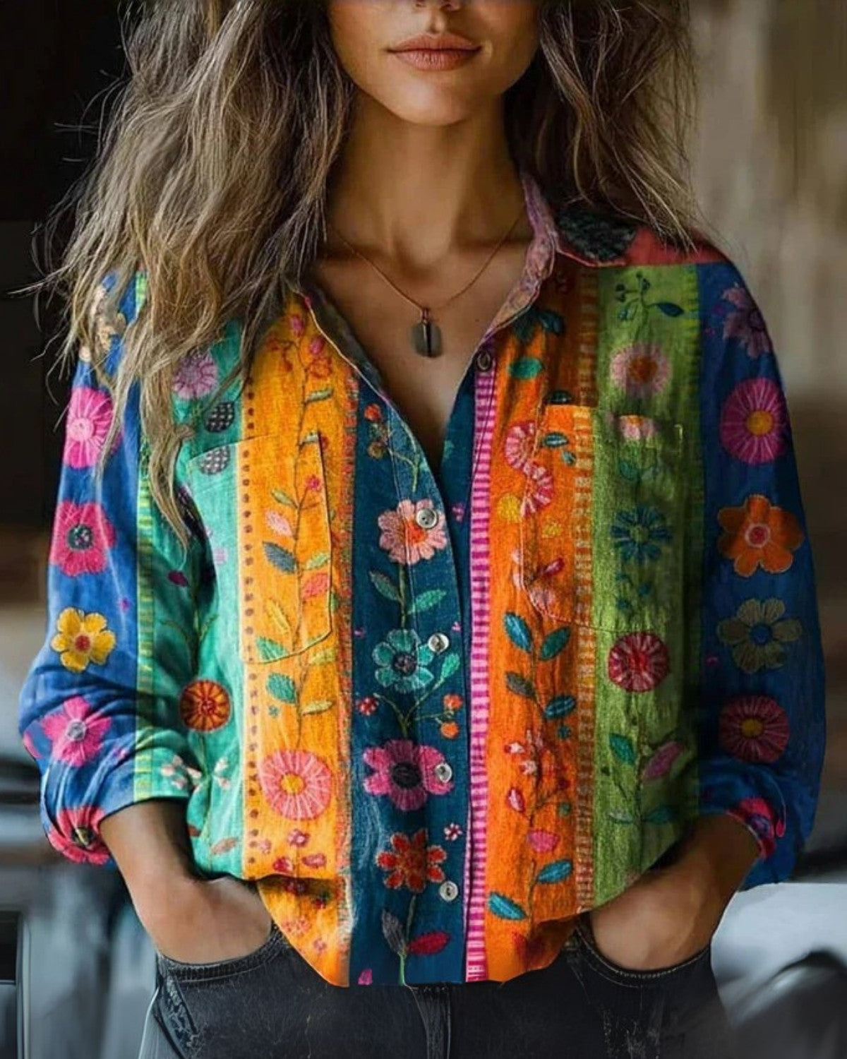 Vintage women's blouse with long sleeves | Loose fit & colorful pattern | Classic shirt blouse for everyday and leisure | Boho chic