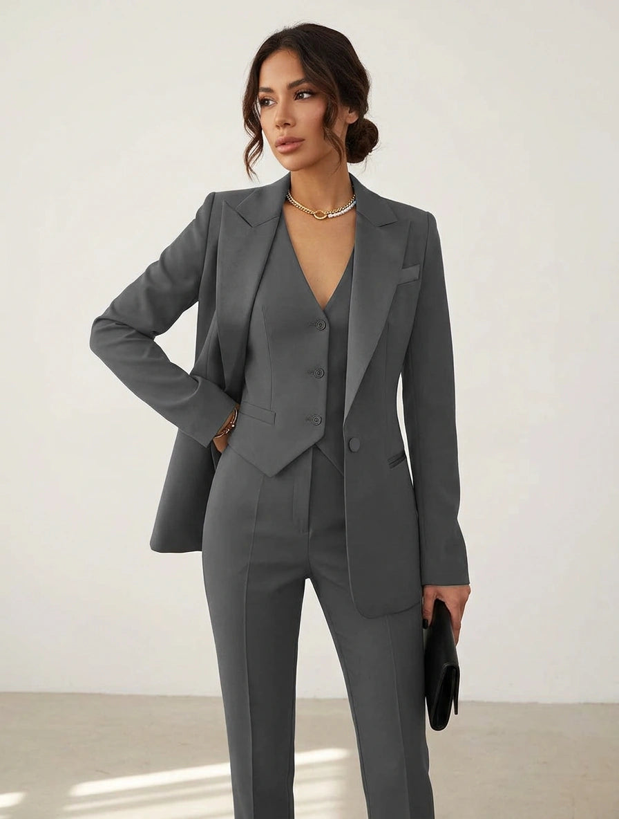 Damen Hosenanzug 3-teilig Set mit Blazer Weste und Stoffhose | Elegantes Business Outfit für Büro und Events