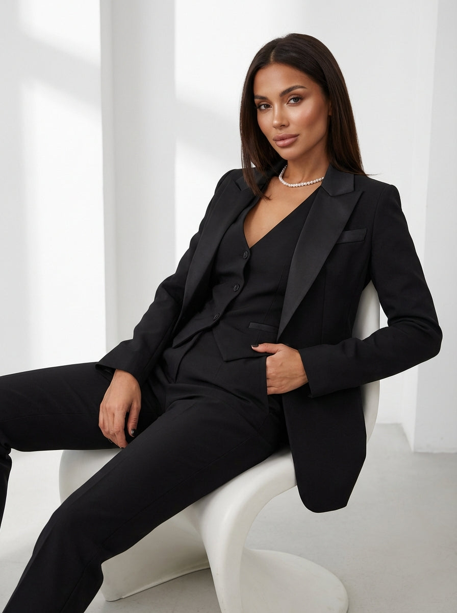 Damen Hosenanzug 3-teilig Set mit Blazer Weste und Stoffhose | Elegantes Business Outfit für Büro und Events