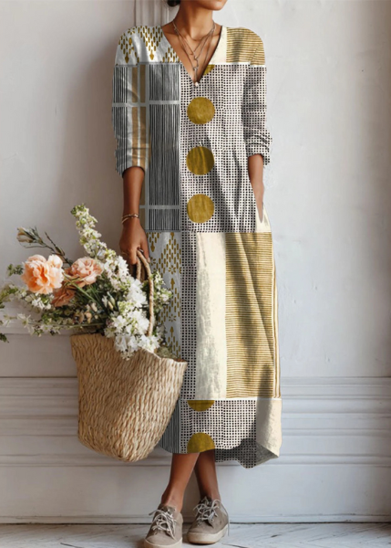 Women's Boho Linen Dress with Abstract Print | Vintage Dress Airy & Light | Comfortable Casual Dress with Pockets