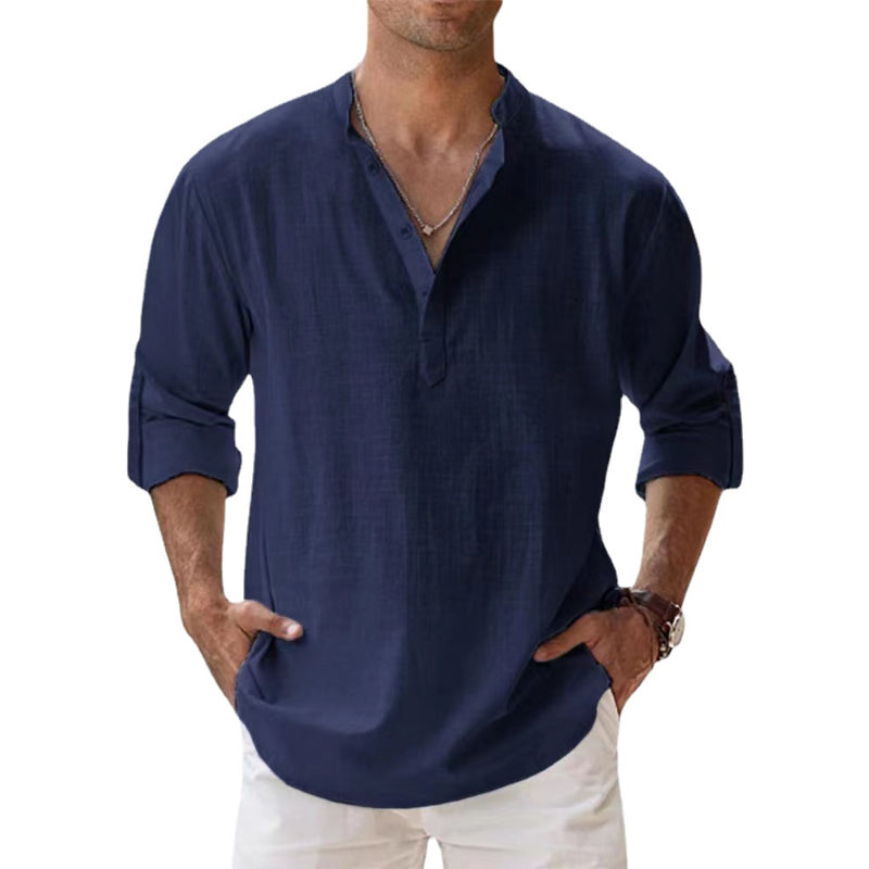 Men's Linen Shirt with Henley Neckline | Breathable Summer Shirt Made of Lightweight Linen | Classic Long-Sleeve Casual Shirt