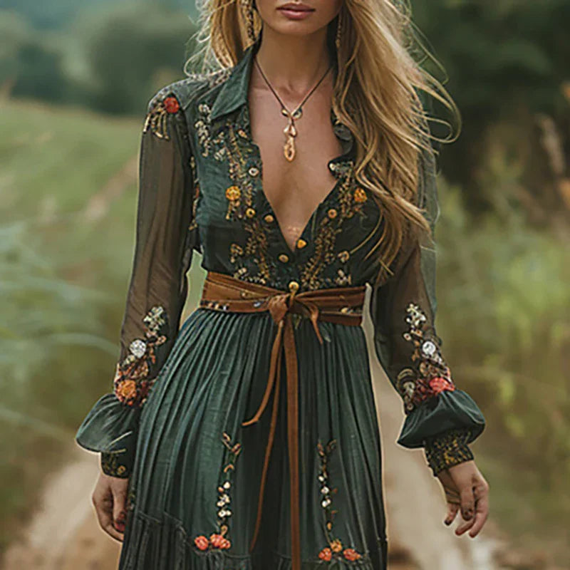 Bohemian Maxi Dress for Women | Embroidered V-Neck