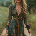 Bohemian Maxi Dress for Women | Embroidered V-Neck