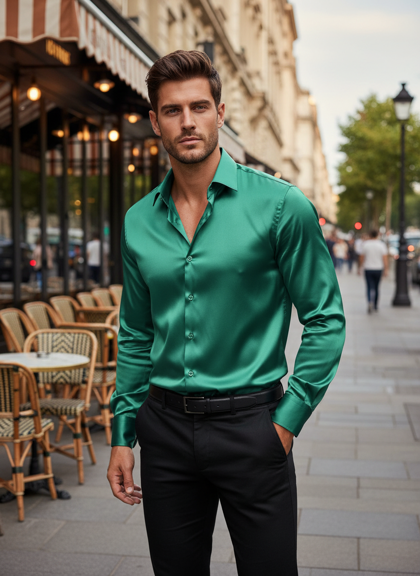 Satin shirt for men in slim fit | Elegant long-sleeve shirt with subtle shine for festive occasions and modern business looks