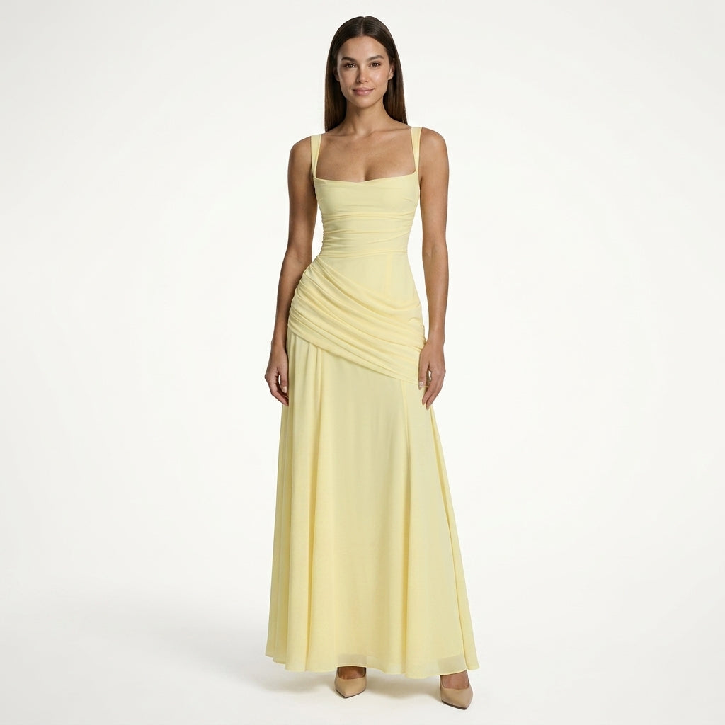 Damen Maxikleid mit Carré-Ausschnitt und Raffung | Bodenlanges Abendkleid für Hochzeitsgäste und festliche Anlässe