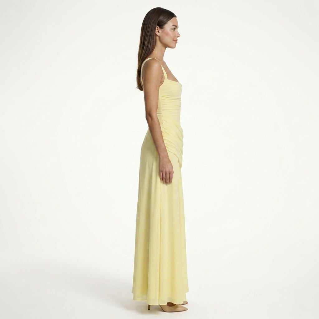 Damen Maxikleid mit Carré-Ausschnitt und Raffung | Bodenlanges Abendkleid für Hochzeitsgäste und festliche Anlässe