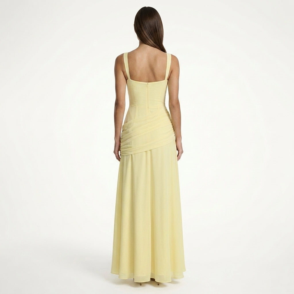 Damen Maxikleid mit Carré-Ausschnitt und Raffung | Bodenlanges Abendkleid für Hochzeitsgäste und festliche Anlässe