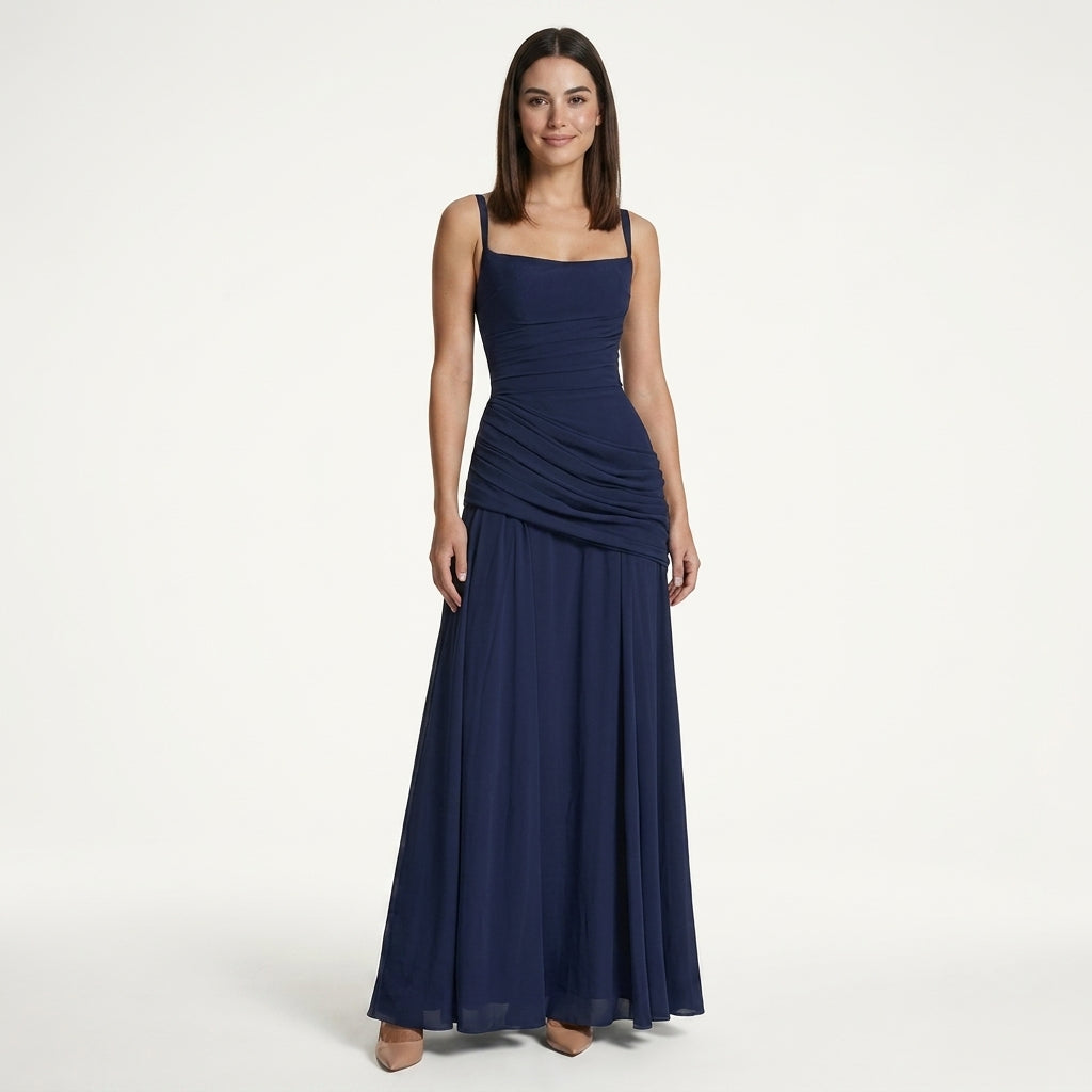 Damen Maxikleid mit Carré-Ausschnitt und Raffung | Bodenlanges Abendkleid für Hochzeitsgäste und festliche Anlässe