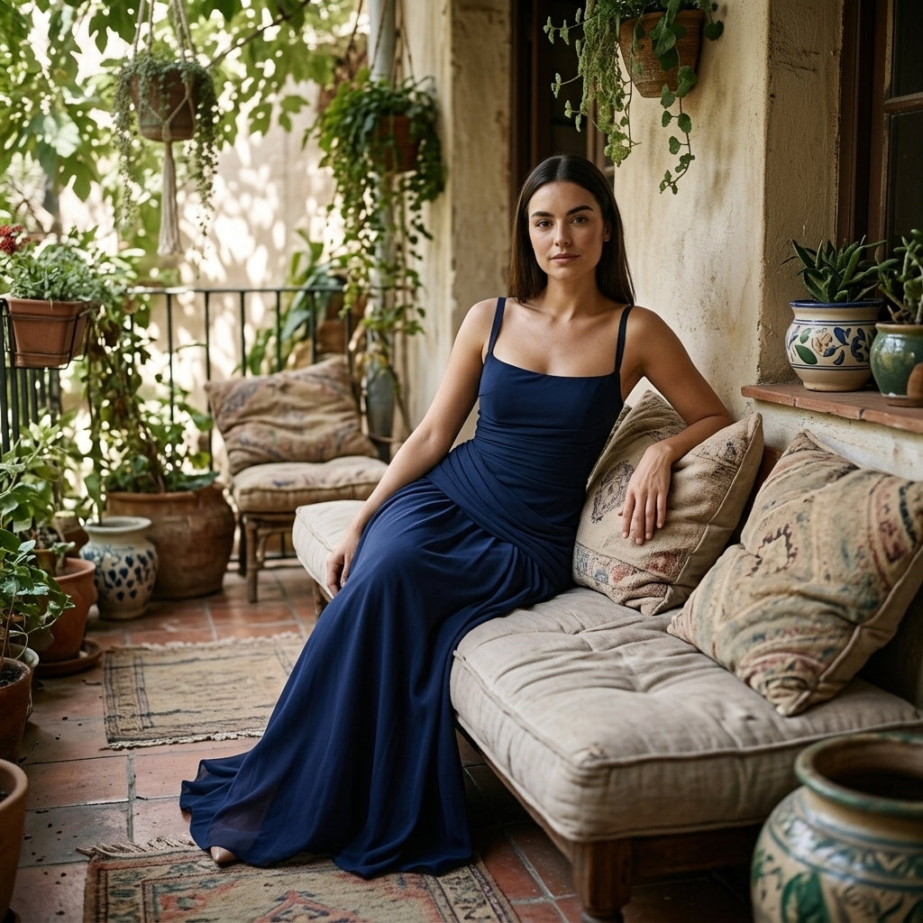 Damen Maxikleid mit Carré-Ausschnitt und Raffung | Bodenlanges Abendkleid für Hochzeitsgäste und festliche Anlässe