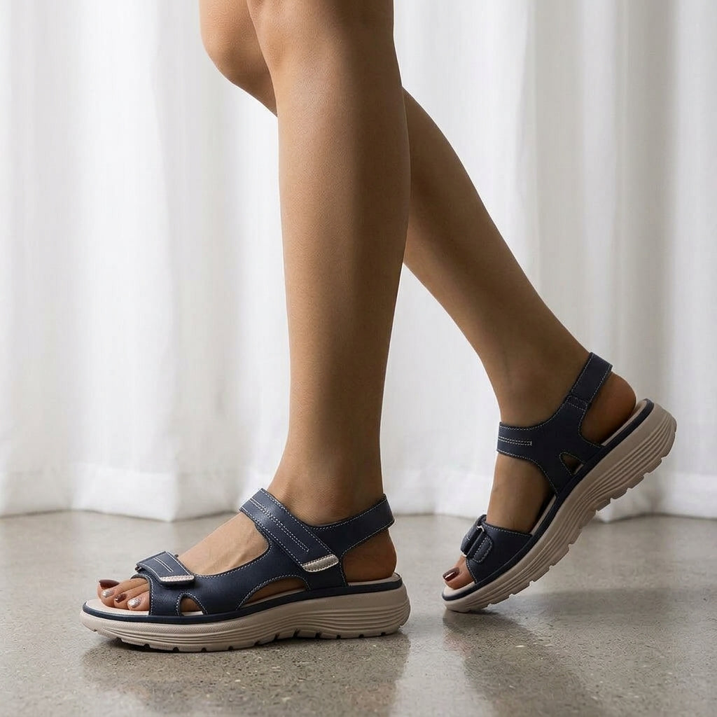 Orthopedic women's sandals with adjustable straps and anatomical footbed for relief from heel spurs