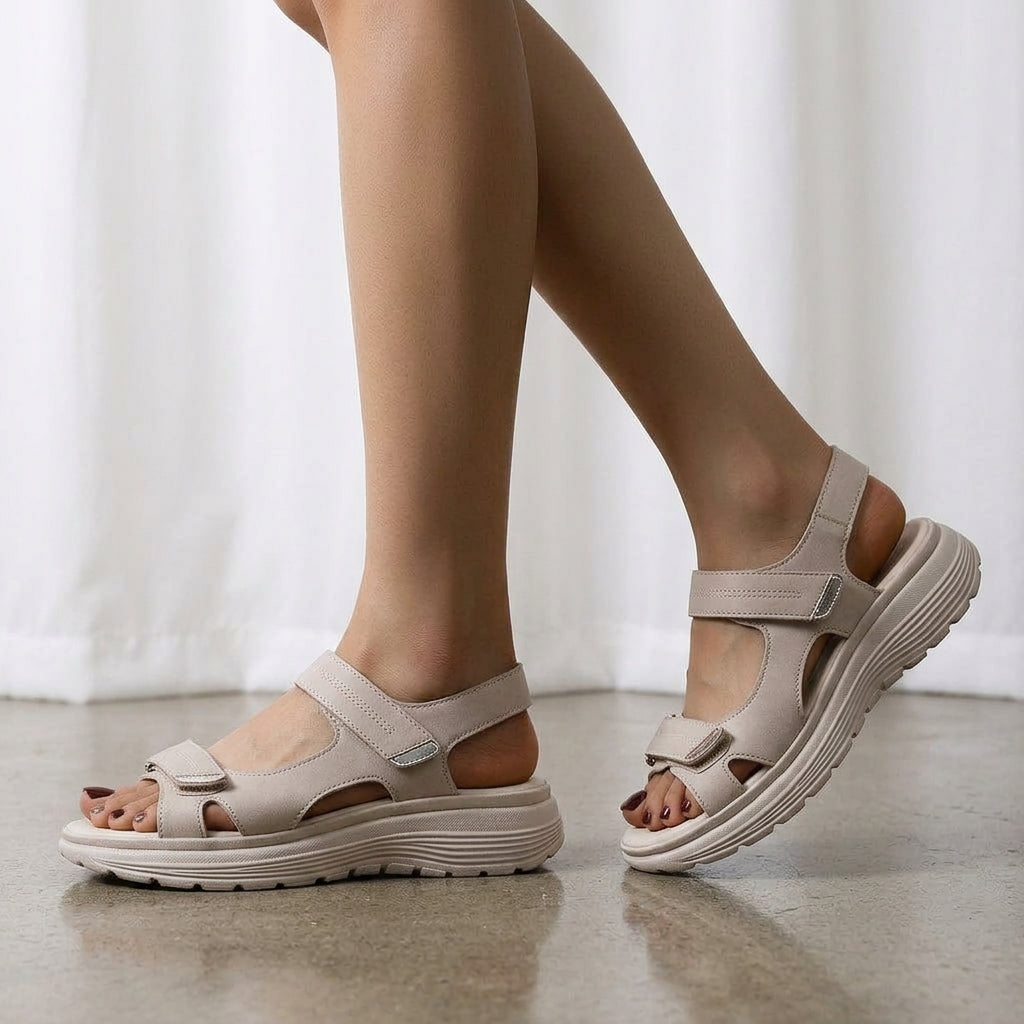 Orthopedic women's sandals with adjustable straps and anatomical footbed for relief from heel spurs