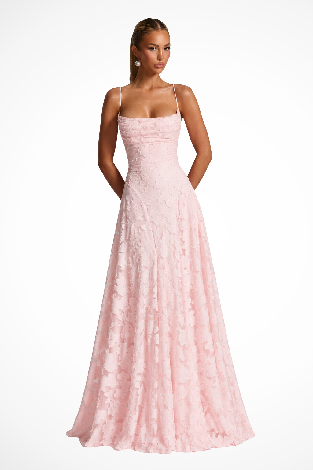 Maxikleid für Hochzeitsgäste mit Wasserfallausschnitt und Blumenspitze | Festliches langes Abendkleid für Damen und feierliche