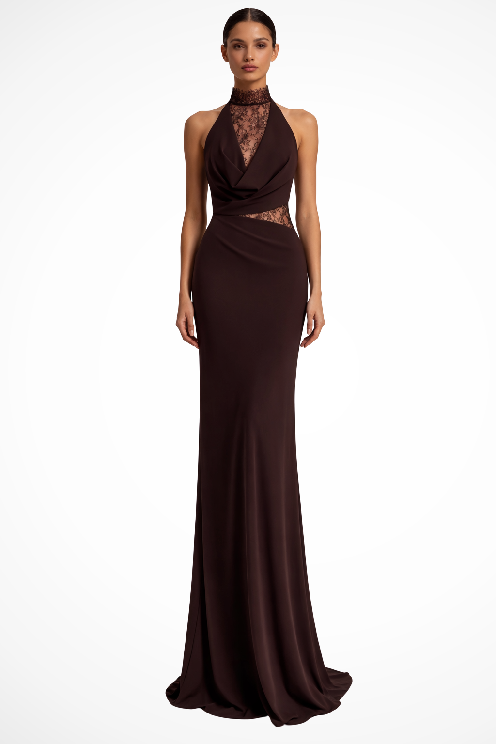 Women's Maxi Dress with Halter Neck and Lace Insert | Sleeveless Floor-Length Evening Dress for Wedding Guests and Events
