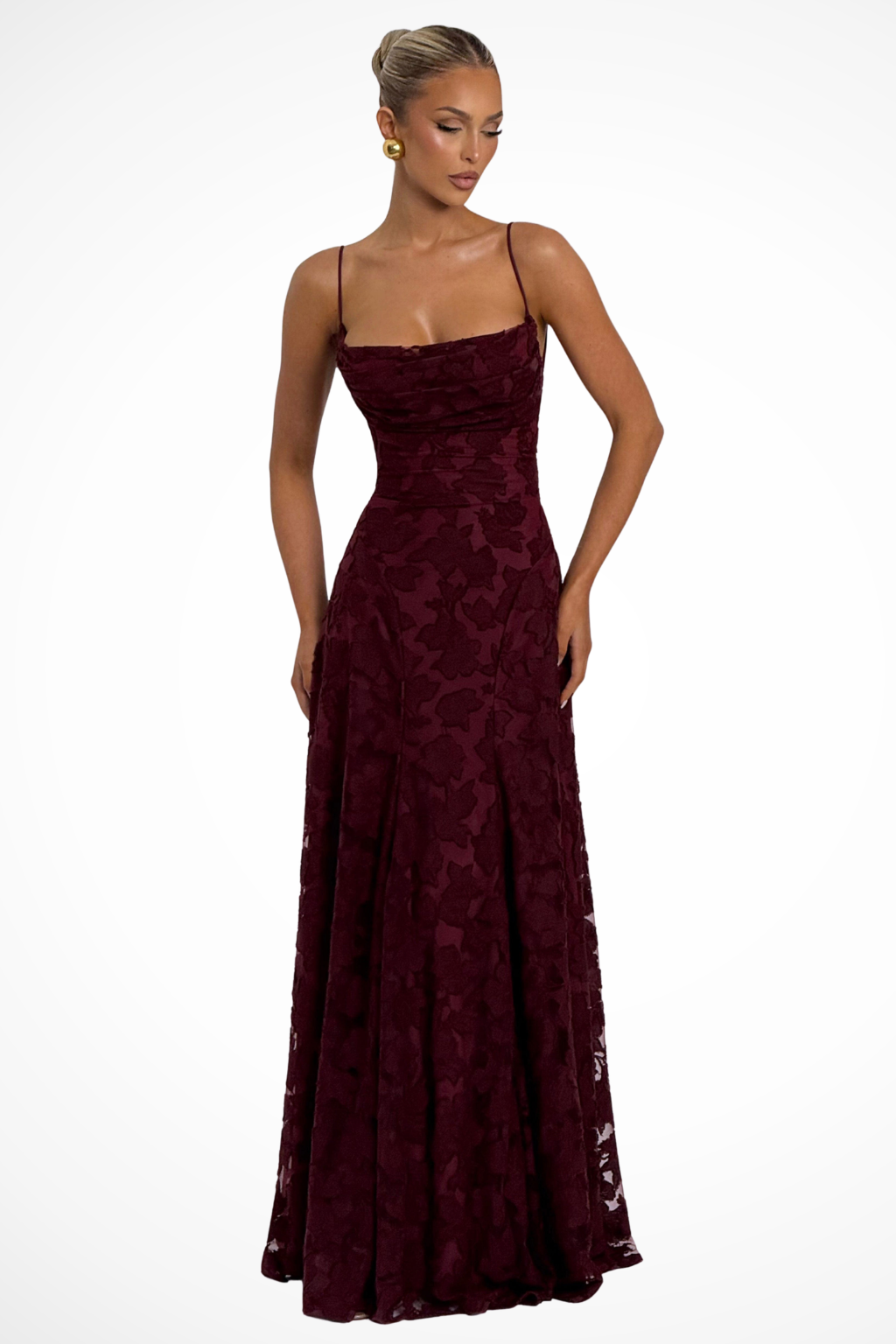 Maxikleid für Hochzeitsgäste mit Wasserfallausschnitt und Blumenspitze | Festliches langes Abendkleid für Damen und feierliche