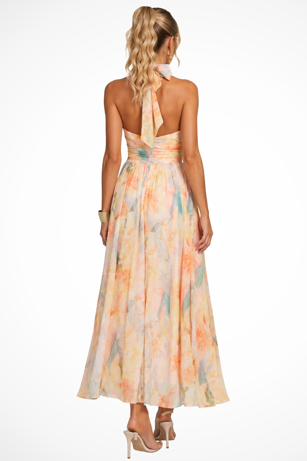 Damen Maxikleid mit Blumenmuster | Neckholder Chiffonkleid für Hochzeitsgäste | Elegantes langes Sommerkleid für festliche Anlässe