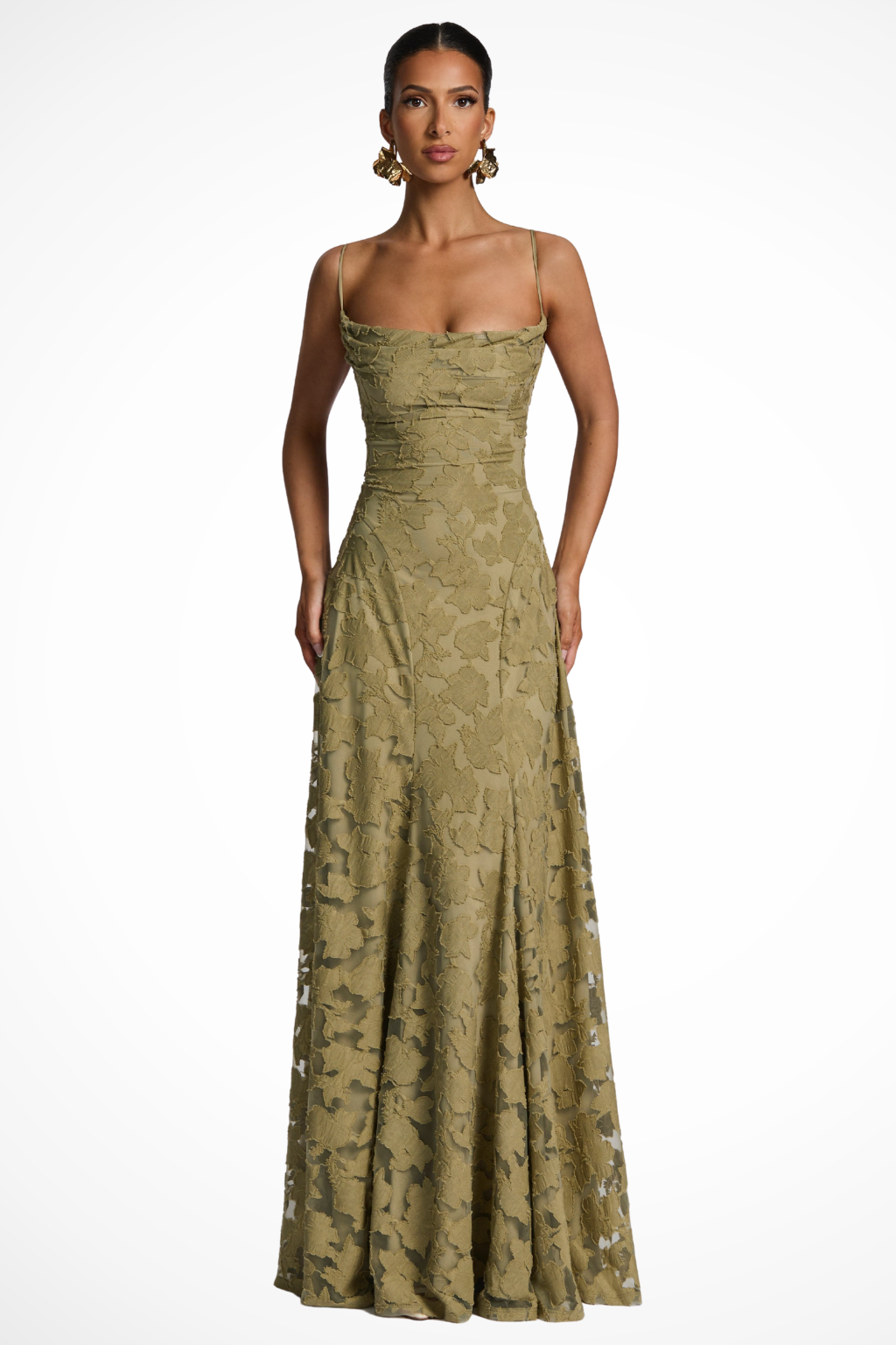 Women's Maxi Dress for Wedding Guests with Waterfall Neckline and Floral Lace – Elegant Formal Dress for Occasions