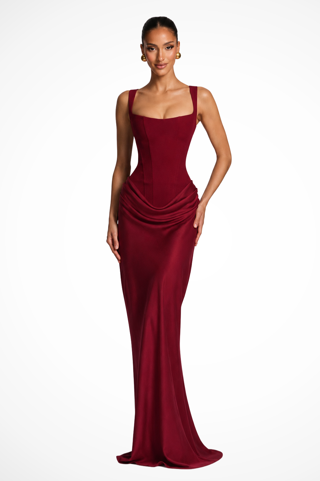 Festliches Damen Maxikleid mit eckigem Ausschnitt und Korsett-Drapierung | Elegantes Kleid für Hochzeitsgäste & Events