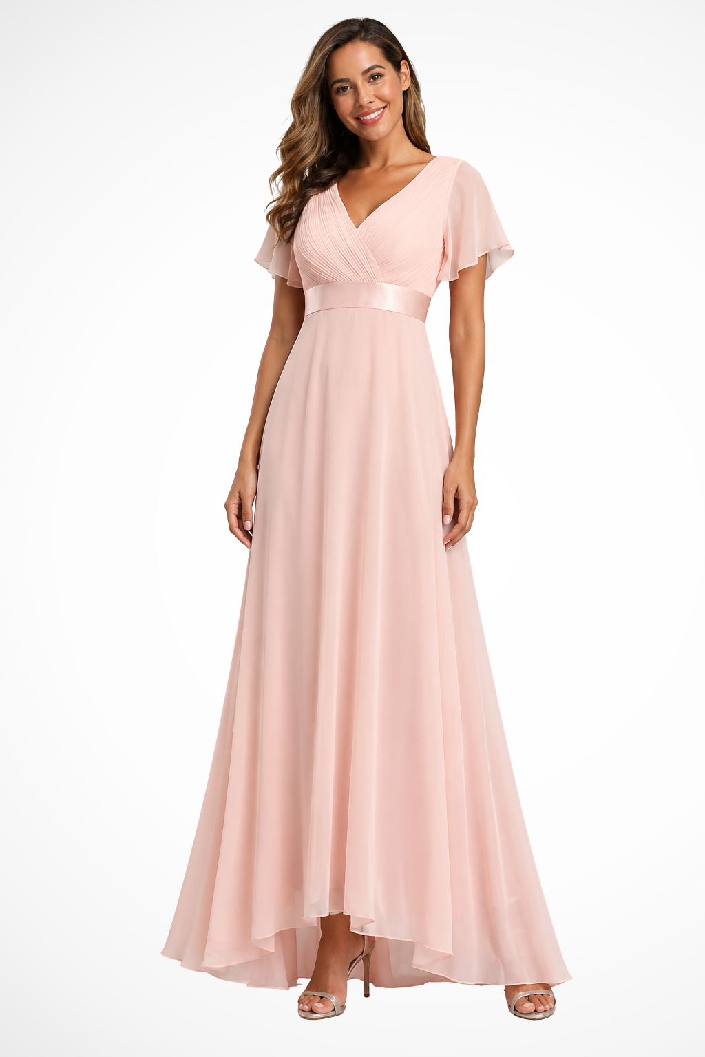 Maxikleid Damen aus Chiffon | Festliches Kleid für Hochzeitsgäste mit V-Ausschnitt und Flatterärmeln | Fließendes Abendkleid