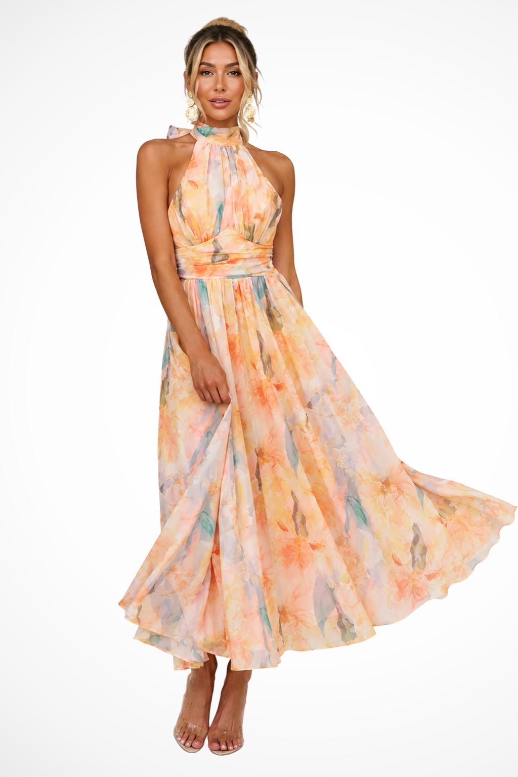 Damen Maxikleid mit Blumenmuster | Neckholder Chiffonkleid für Hochzeitsgäste | Elegantes langes Sommerkleid für festliche Anlässe